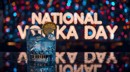 Glass of Vodka with Lemon and Ice Cubes in Festive Bokeh Background for National Vodka Day
