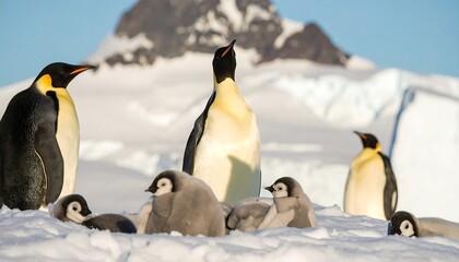 Obraz premium Emperor Penguin Family Huddles on Antarctic Ice with Snowy Mountain Backdrop