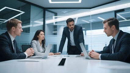 Business professionals engage in a strategic meeting around a modern conference table.