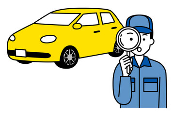 車を点検する自動車整備士の男性