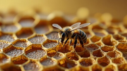 A bee on a golden honeycomb wave