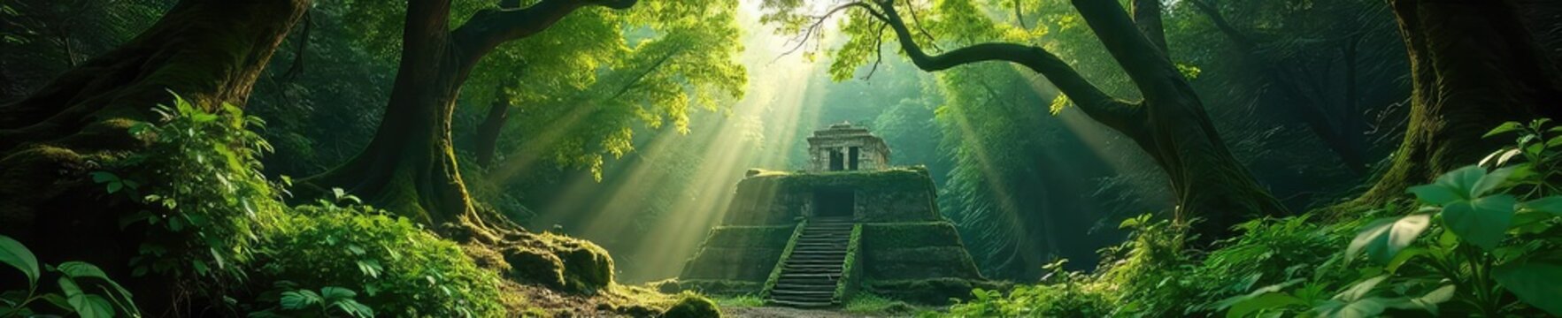 Lush green canopy of a Mayan rainforest, sunlight dappling through the leaves onto the ancient, moss-covered ruins below A sense of mystery and untouched nature prevails , sunlight, exploration