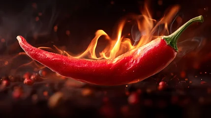 Plexiglas schilderij Hete pepers A vivid red chili pepper captured up close, its edges embraced by licking flames, radiating heat and spice .  © Tanvir