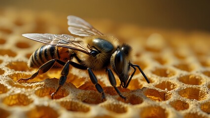 A bee on a golden honeycomb wave