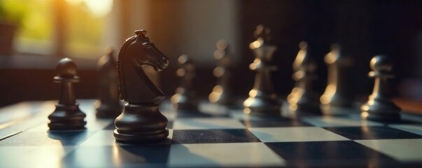 A chess knight piece strategically positioned on a chessboard, poised for its next move, embodying planning and tactical thinking in a game of strategy , competition, puzzle, decision