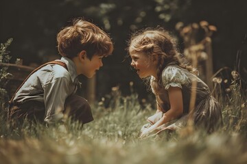 Fototapeta premium Boy and girl sitting on grass, smiling, in a sunny field.