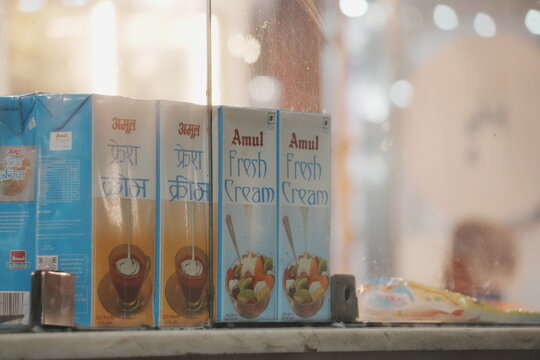 Amul Fresh Cream Cartons on Store Shelf KALPA, HIMACHAL PRADESH , INDIA - 02 Aug 2025
