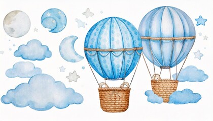 Baby shower invitation elements: colorful hot air balloon basket floating among soft clouds, whimsical air balloons drifting in the sky, sparkling stars and crescent moon creating a dreamy, playful ce