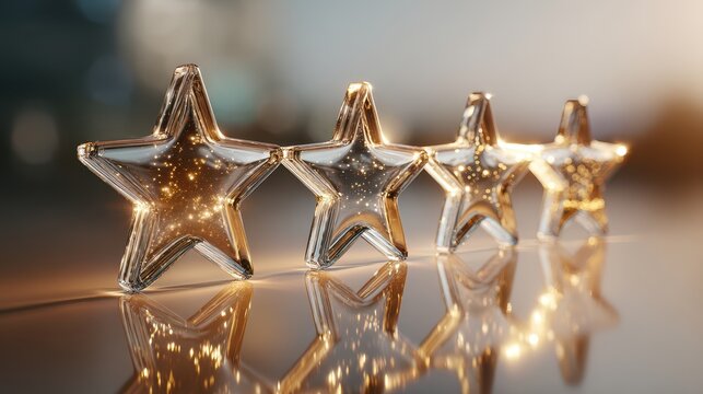 Glass stars aligned in a row on a reflective surface with a blurred background