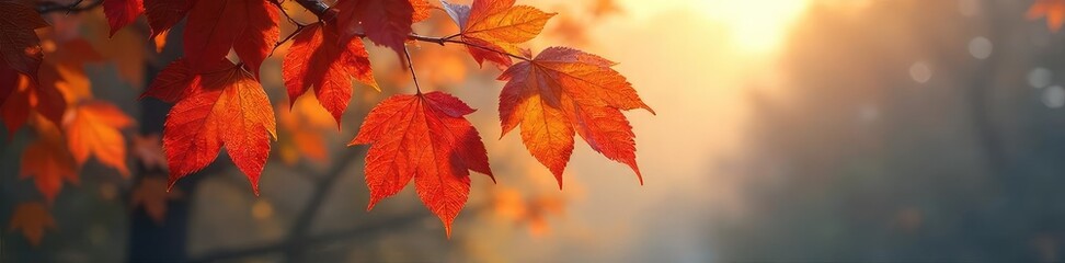 Fototapeta premium Serene autumn morning scene featuring vibrant leaves delicately coated in a soft mist, sunlight filtering through the branches , season, yellow