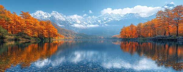 Naklejka premium Scenic view of tranquil lake surrounded by autumn forest and snowy mountains