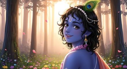 Anime Portrait of Young Krishna in a Sunny Forest