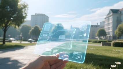 Hand holding a transparent, futuristic digital map in an urban park setting