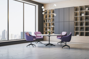 Modern office meeting corner with round table, purple chairs, bookshelves and large window overlooking city buildings in daylight. 3D Rendering © Who is Danny