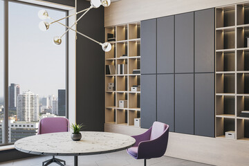 Modern office meeting space with marble round table, purple chairs, bookshelves, and city view through large window in daylight setting. 3D Rendering © Who is Danny