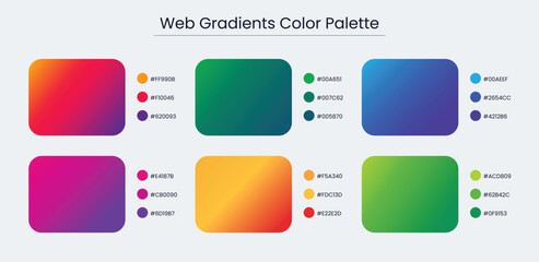 Gradient Colour, Color Palette, Swatches in RGB, HEX Colors, Paint Palette, Bright Colours in HEX Codes.	