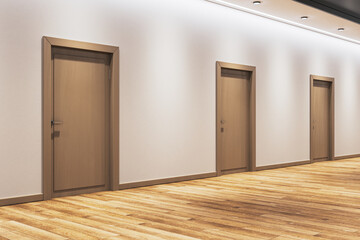 Modern corporate hallway with wooden doors and bright lighting in contemporary interior design concept space. 3D Rendering