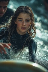 Fototapeta premium Young woman surfing on ocean waves during a sunny and adventurous day