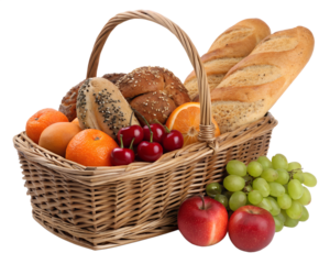  A woven wicker basket filled with fresh fruits and artisanal bread loaves isolated on transparent background