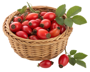 Fresh rosehips in a wicker basket isolated on transparent background