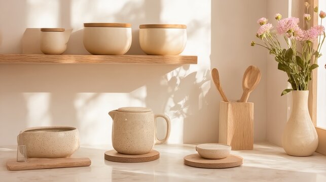 Speckled Ceramic Kitchenware Set on Wooden Shelf in Bright Sunlight for Kitchen Product Photography, Cooking Apps and Home Decor.