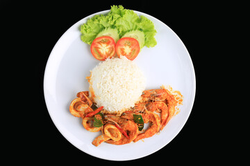 Rice Topped Stir-fried Seafood with Red Curry Paste, Food photography for use in menus