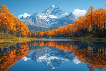 Fototapeta premium Serene mountain reflection in lake amid vibrant autumn foliage