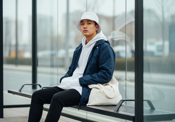 Young Asian Man in a Blank White Hoodie, Bucket Hat and Tote Bag at a Bus Stop