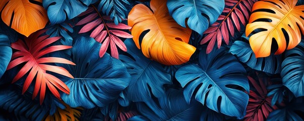 Colorful tropical leaf pattern featuring blue, orange, and red vibrant foliage