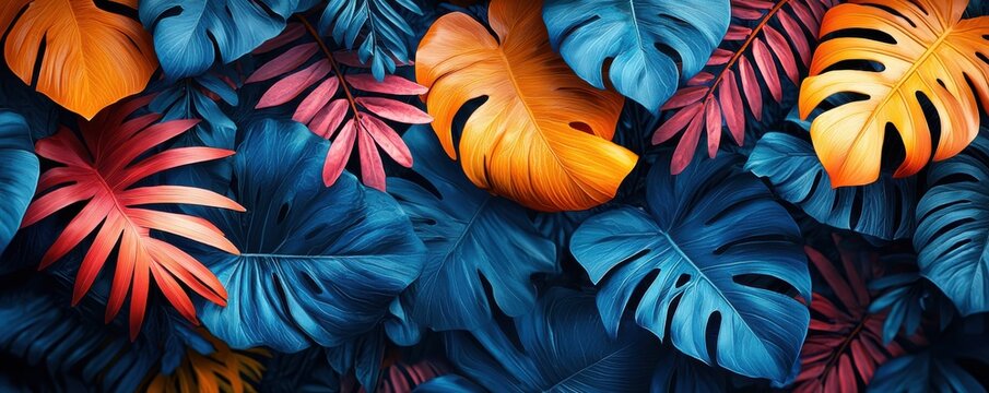 Colorful tropical leaf pattern featuring blue, orange, and red vibrant foliage