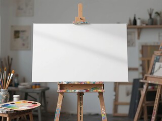 A blank white horizontal art canvas mockup on a wooden easel in a bright art studio with various artistic items.