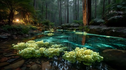 Enchanted glowing pond with forest reflections high resolution photo