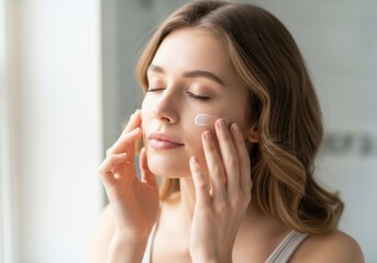 Young lady applying cream on her face for skincare and beauty treatment