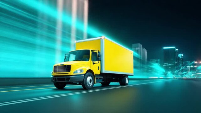 Express Delivery: A vibrant yellow delivery truck streaks along a futuristic cityscape, evoking speed and efficiency in its service. The image is an ode to progress.
