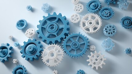 Assorted blue and white gears interlocking on light background .