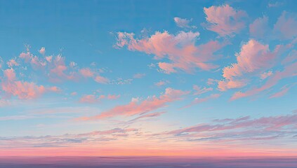Pastel sunset hues paint the expansive sky, delicate pink and orange clouds drift across a tranquil blue canvas, creating a serene and idyllic scene