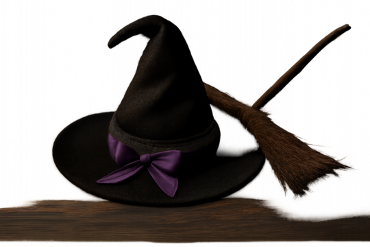 Halloween Witch Hat and Broom Flat Lay on Rustic Dark Wood
