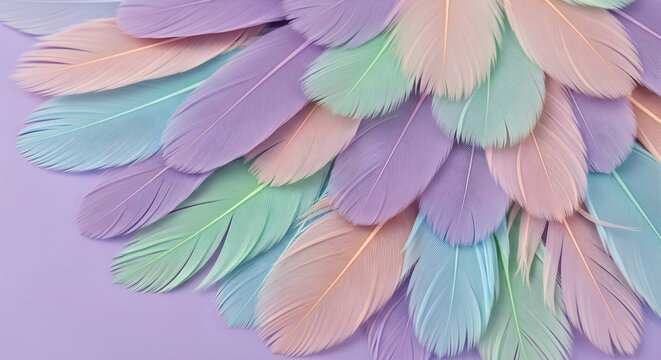 Pastel feathers arranged on a purple background - Powered by Adobe