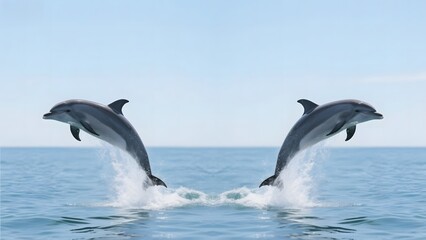 Fototapeta premium Two dolphins leap gracefully out of the ocean under a clear blue sky.