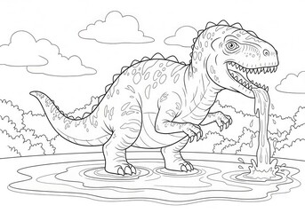 Fototapeta premium Detailed line art of a t-rex drinking in a pond, perfect for coloring