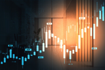 Financial candlestick chart with buy and sell signals over digital world map in modern office, showing market data analysis and economic growth trends.