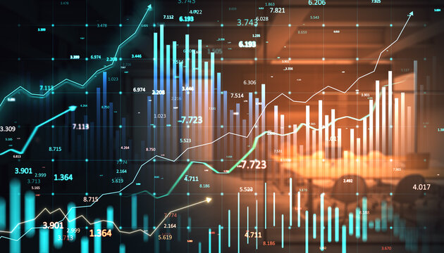 Financial data graphs and stock market analysis with holographic overlays on office background representing economic growth and digital trading technology.