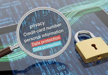 Magnifying glass focusing on privacy and data protection concepts with a padlock symbolizing security on a digital background
