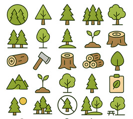 Obraz premium Collection of stylized flat design icons representing various trees forests tree stumps logs an axe and sprouting plants on a dark background