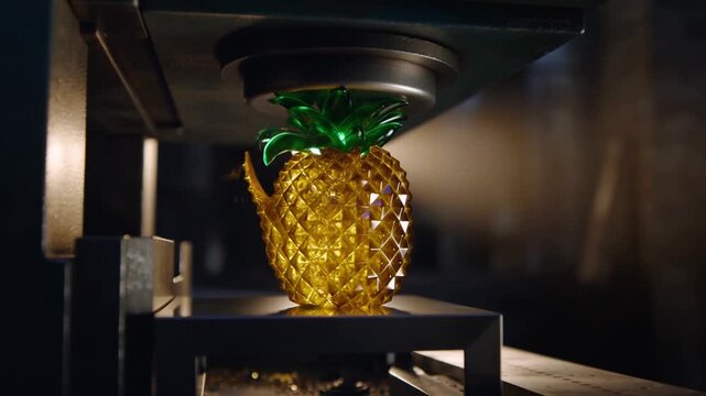 ASMR video of a glass pineapple being crushed under heavy press.