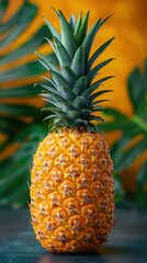 Fototapeta premium A single pineapple with leaves on a colorful background