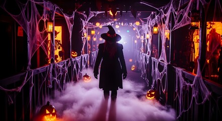 Silhouette of a witch walking through a smoky spiderweb draped Halloween tunnel with jack o' lanterns