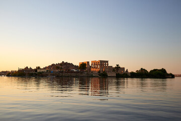 Panoramic view of the Island of Philae and its temples seen from the waters of the Aswan Dam, Egypt