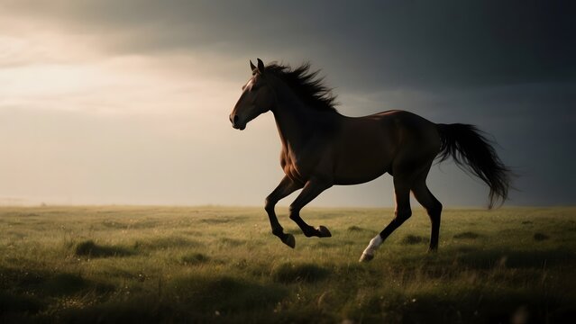 A majestic horse gallops freely across a sunlit field, its mane and tail flowing in the wind.