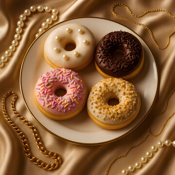 Donuts auf goldener Seide mit Schmuck